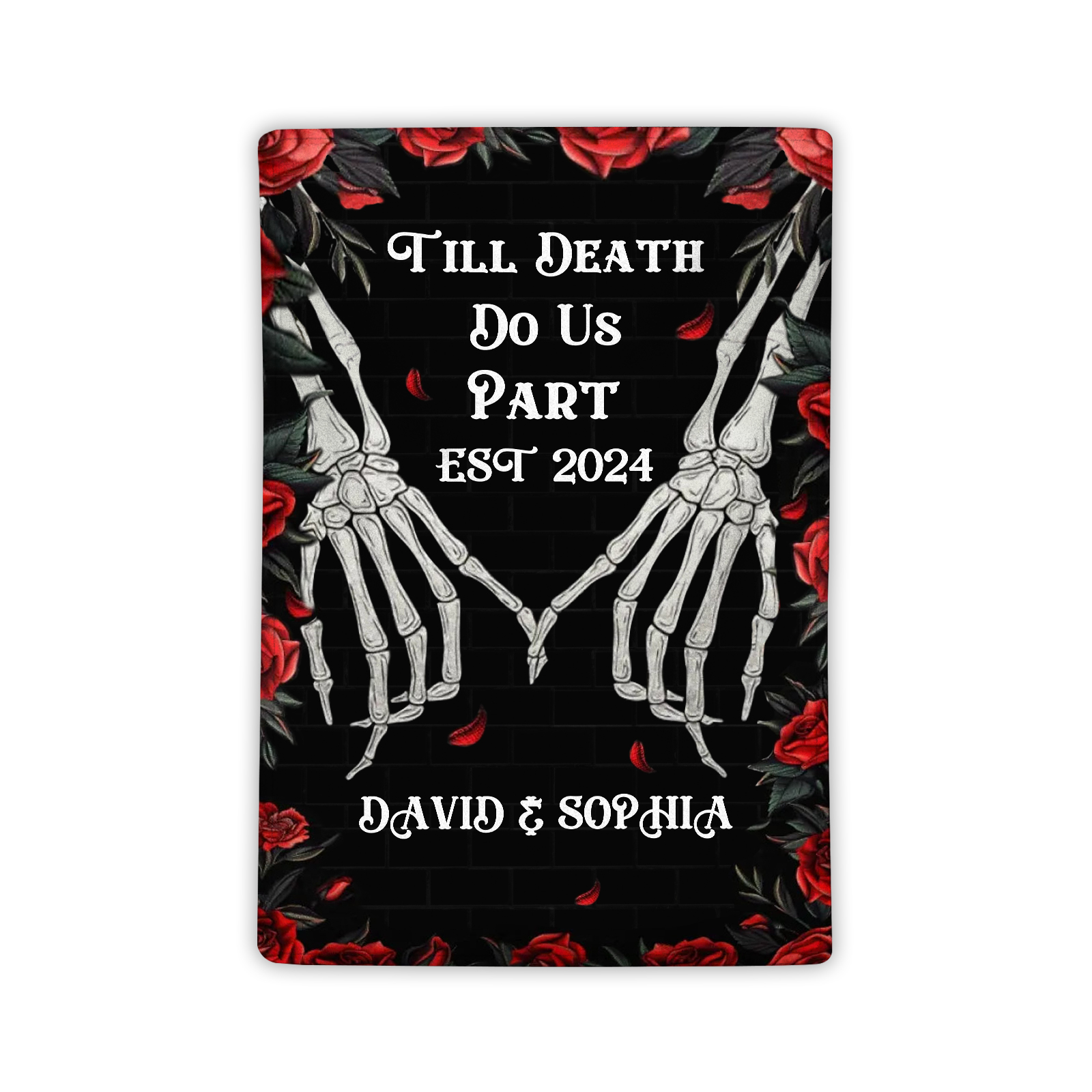 Till Death Do Us Part Personalized Couple Blanket with Names Roses and Skeleton Hands