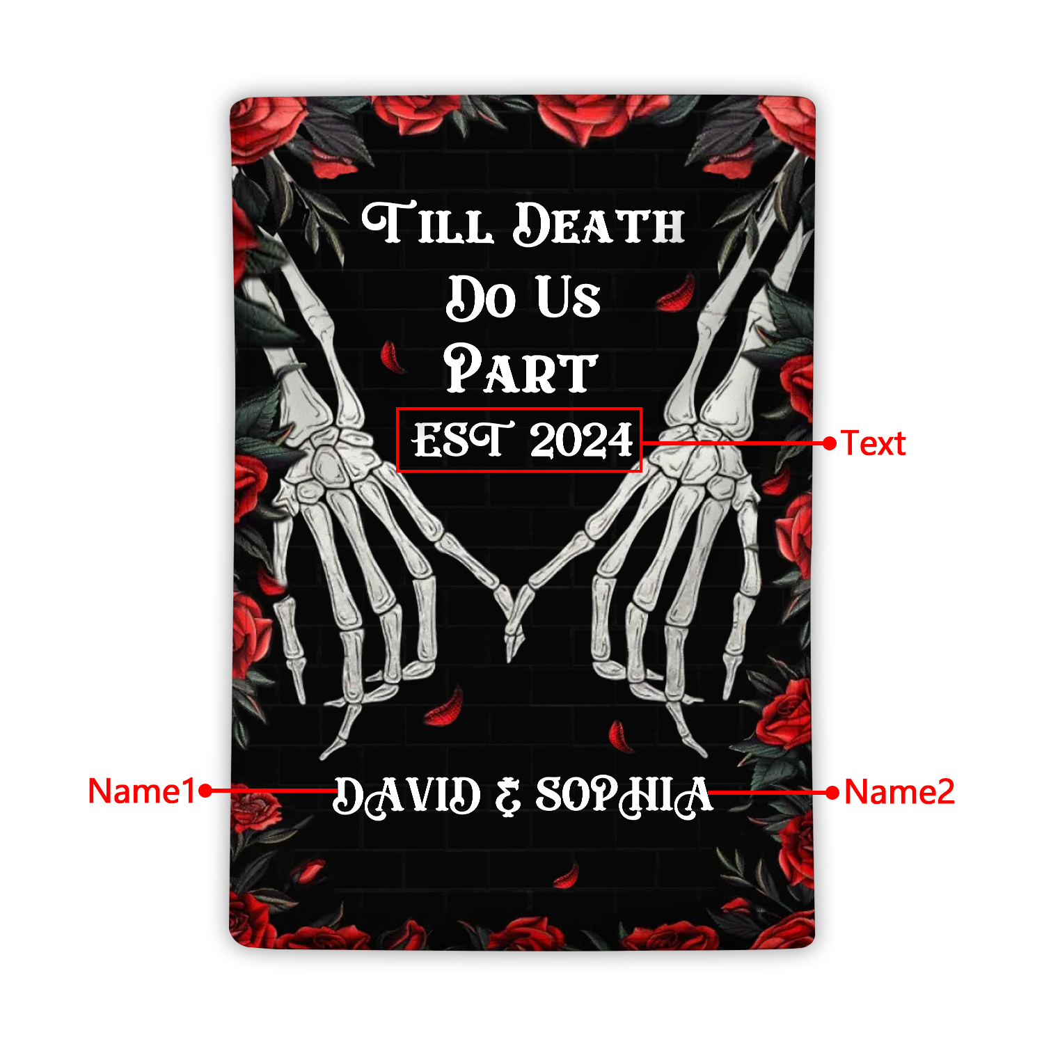 Till Death Do Us Part Personalized Couple Blanket with Names Roses and Skeleton Hands
