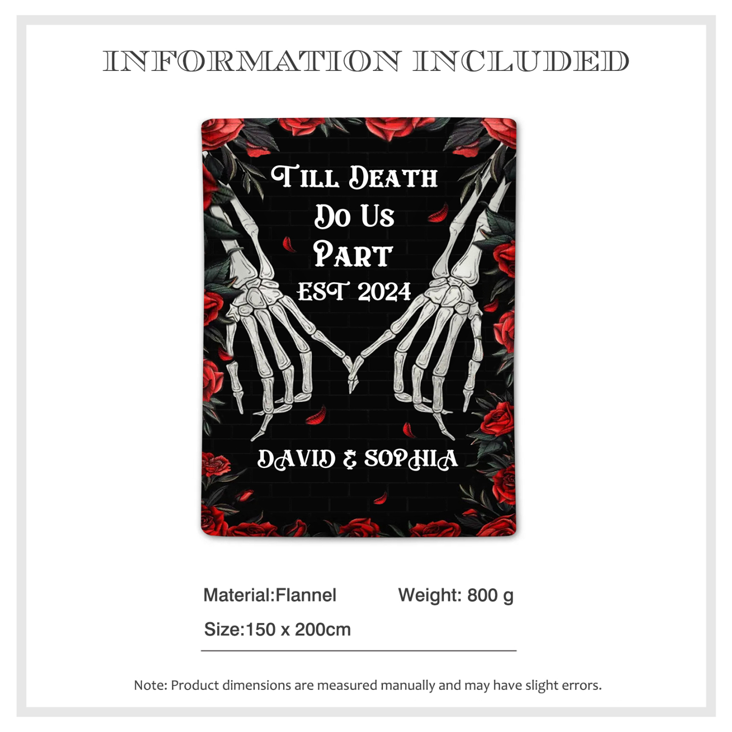Till Death Do Us Part Personalized Couple Blanket with Names Roses and Skeleton Hands