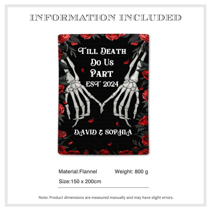 Till Death Do Us Part Personalized Couple Blanket with Names Roses and Skeleton Hands