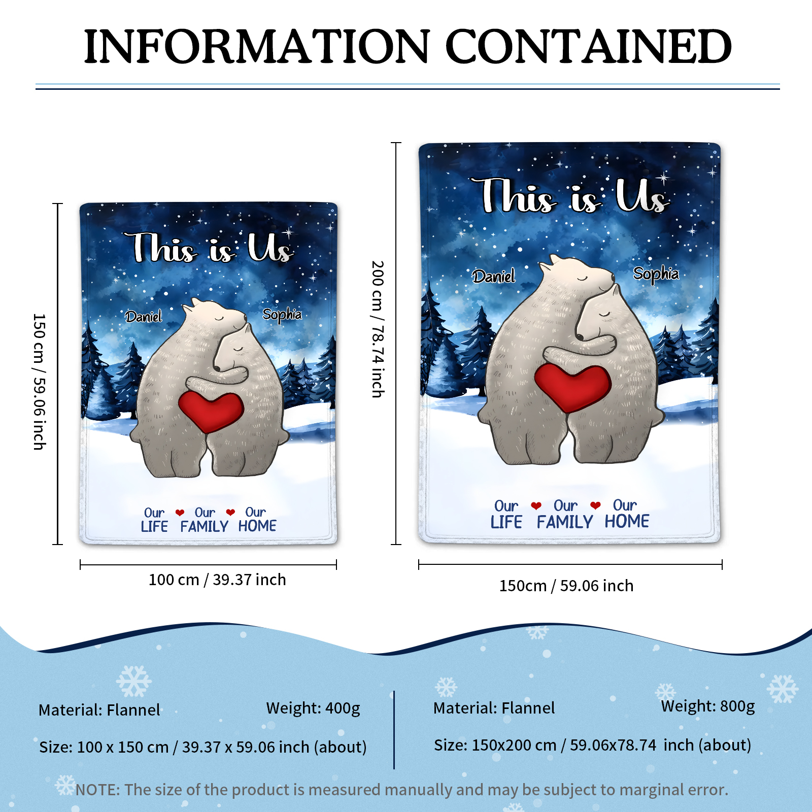 Personalized Polar Bear Family Flannel Blanket Custom 2 Names Gift For Lover