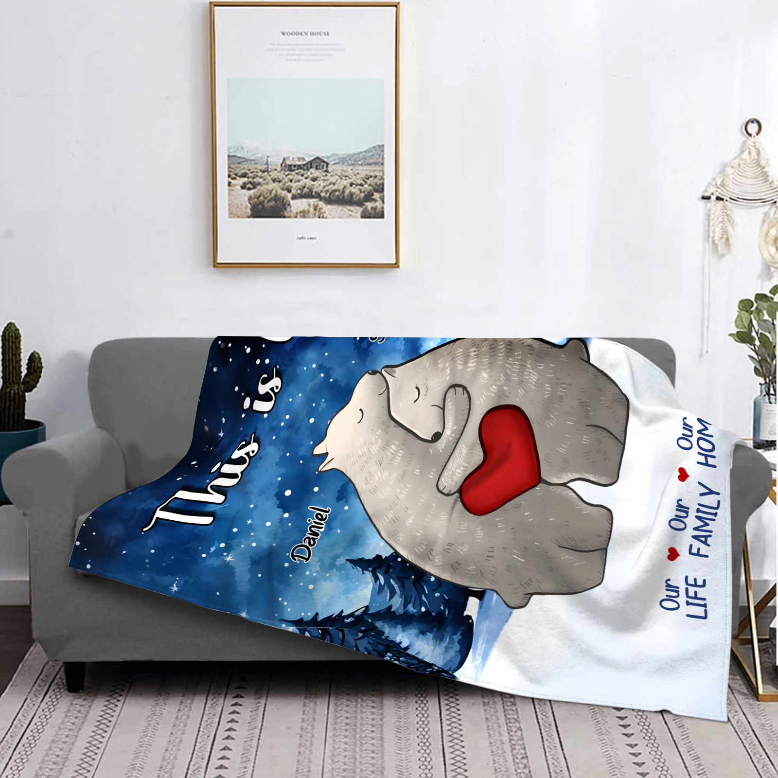 Personalized Polar Bear Family Flannel Blanket Custom 2 Names Gift For Lover