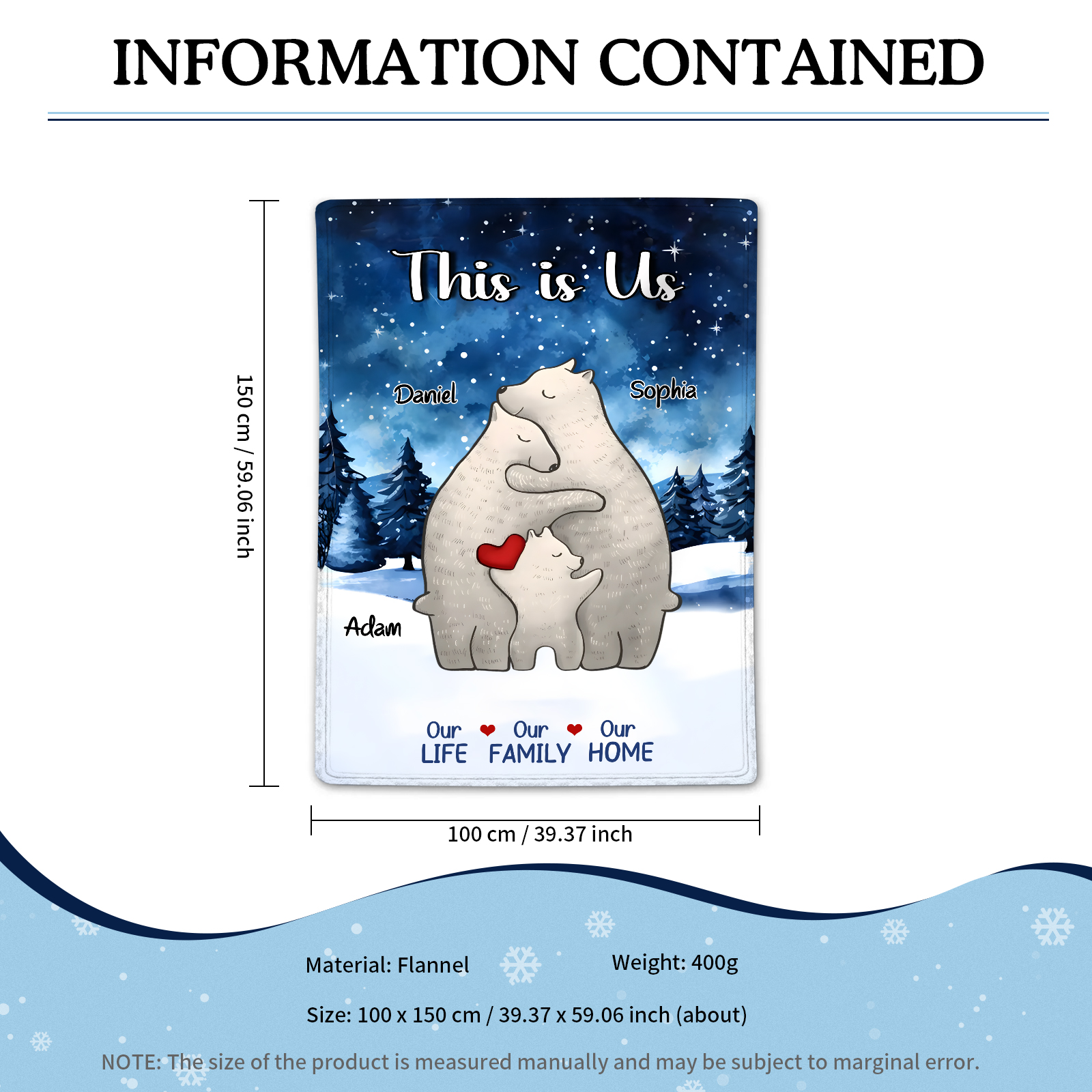 Personalized Polar Bear Family Flannel Blanket Custom 3 Names Gift For Mom Dad & Kids