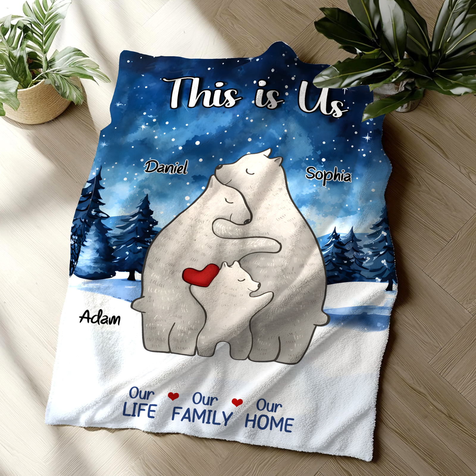 Personalized Polar Bear Family Flannel Blanket Custom 3 Names Gift For Mom Dad & Kids