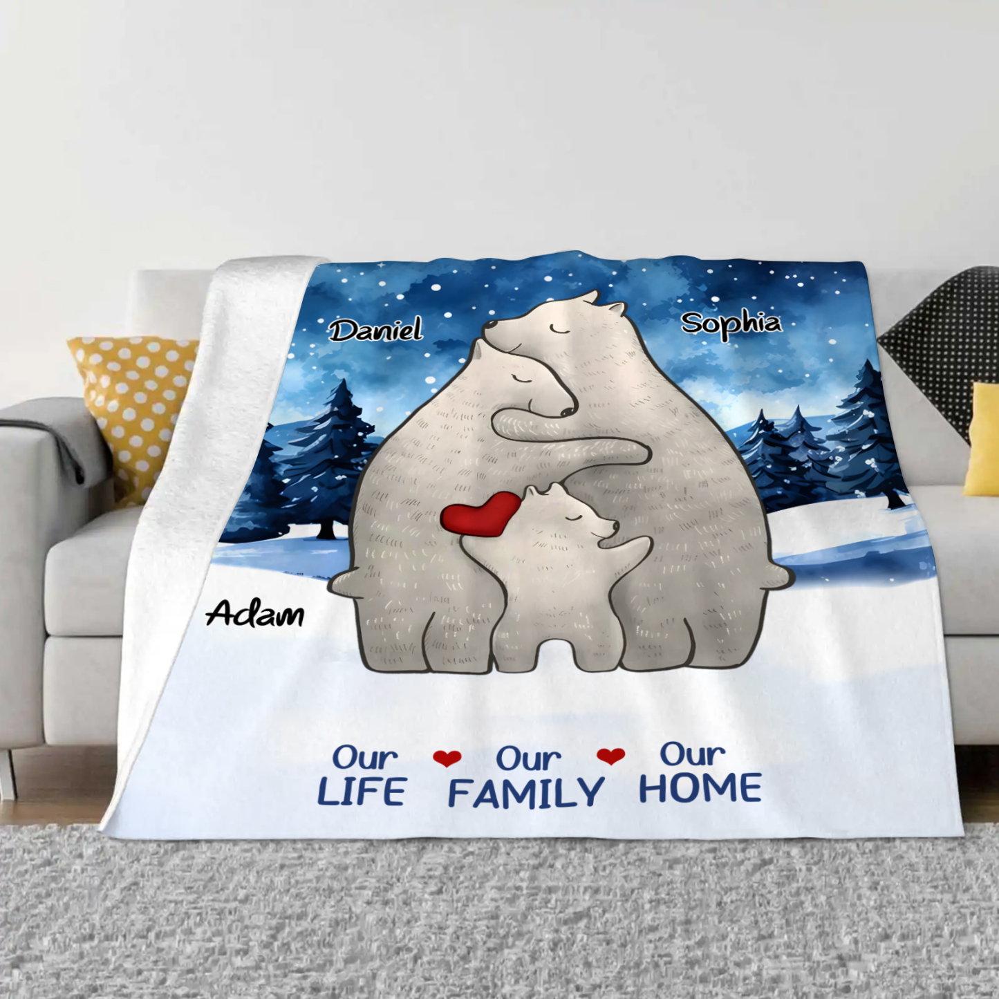 Personalized Polar Bear Family Flannel Blanket Custom 3 Names Gift For Mom Dad & Kids