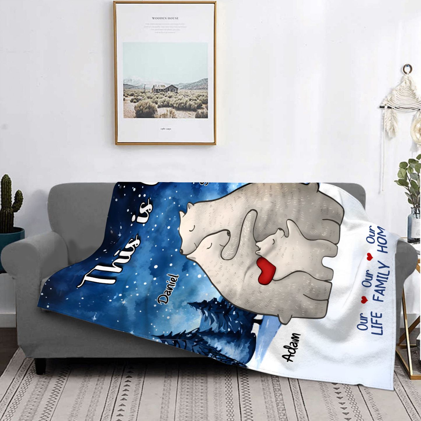 Personalized Polar Bear Family Flannel Blanket Custom 3 Names Gift For Mom Dad & Kids