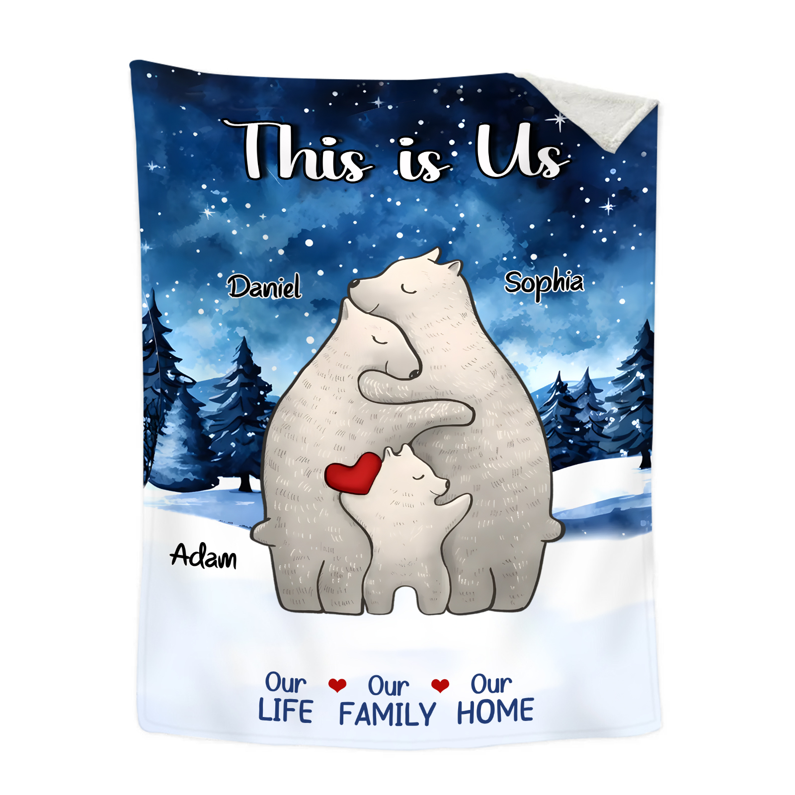 Personalized Polar Bear Family Flannel Blanket Custom 3 Names Gift For Mom Dad & Kids