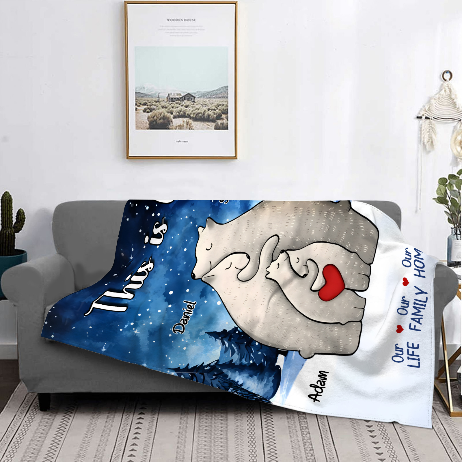 Personalized Polar Bear Family Flannel Blanket Custom 4 Names Gift For Mom Dad & Kids