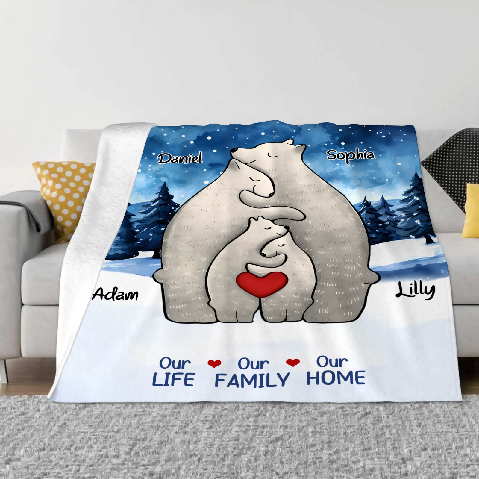 Personalized Polar Bear Family Flannel Blanket Custom 4 Names Gift For Mom Dad & Kids