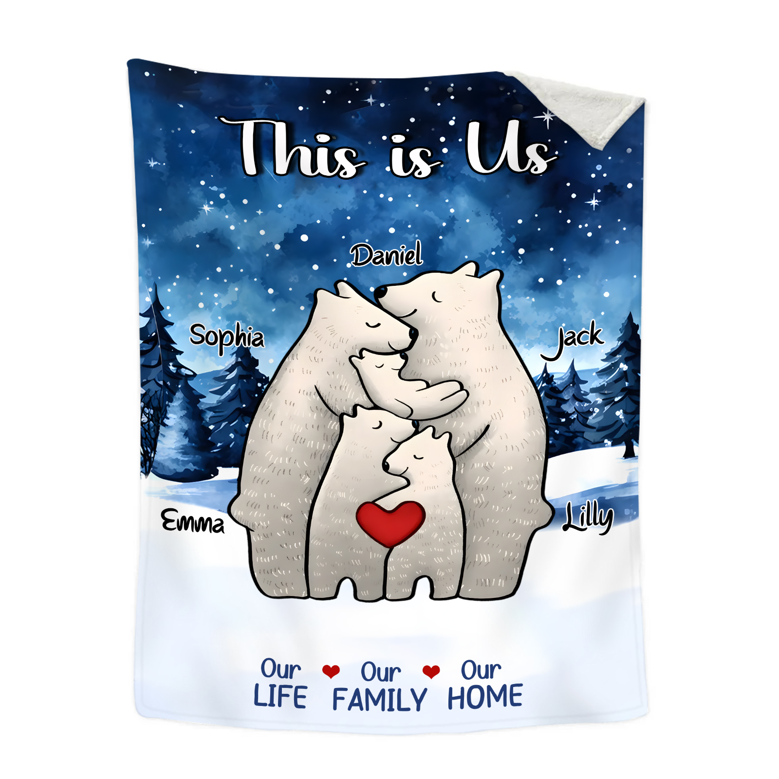 Personalized Polar Bear Family Flannel Blanket Custom 5 Names Gift For Mom Dad & Kids