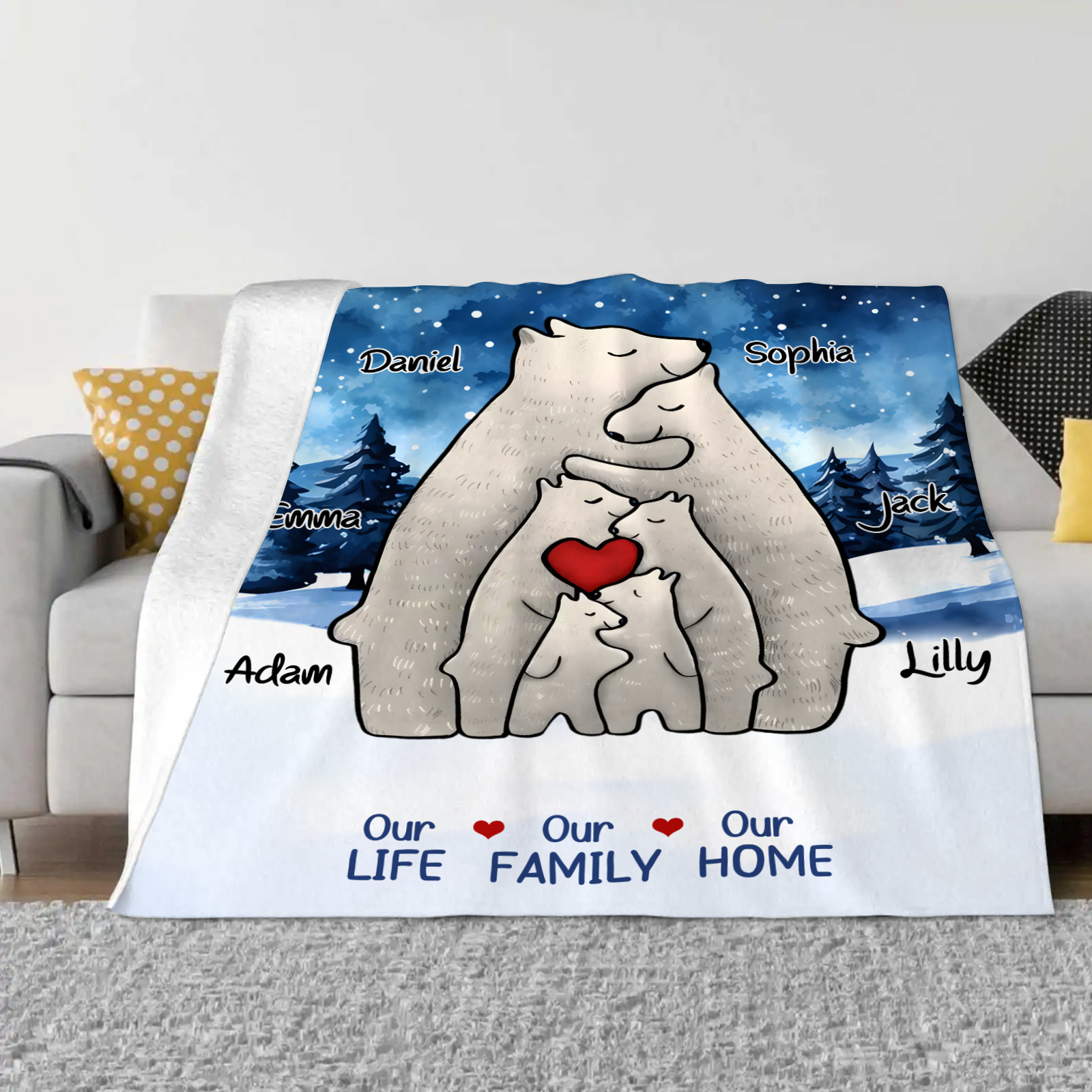 Personalized Polar Bear Family Flannel Blanket Custom 6 Names Gift For Mom Dad & Kids