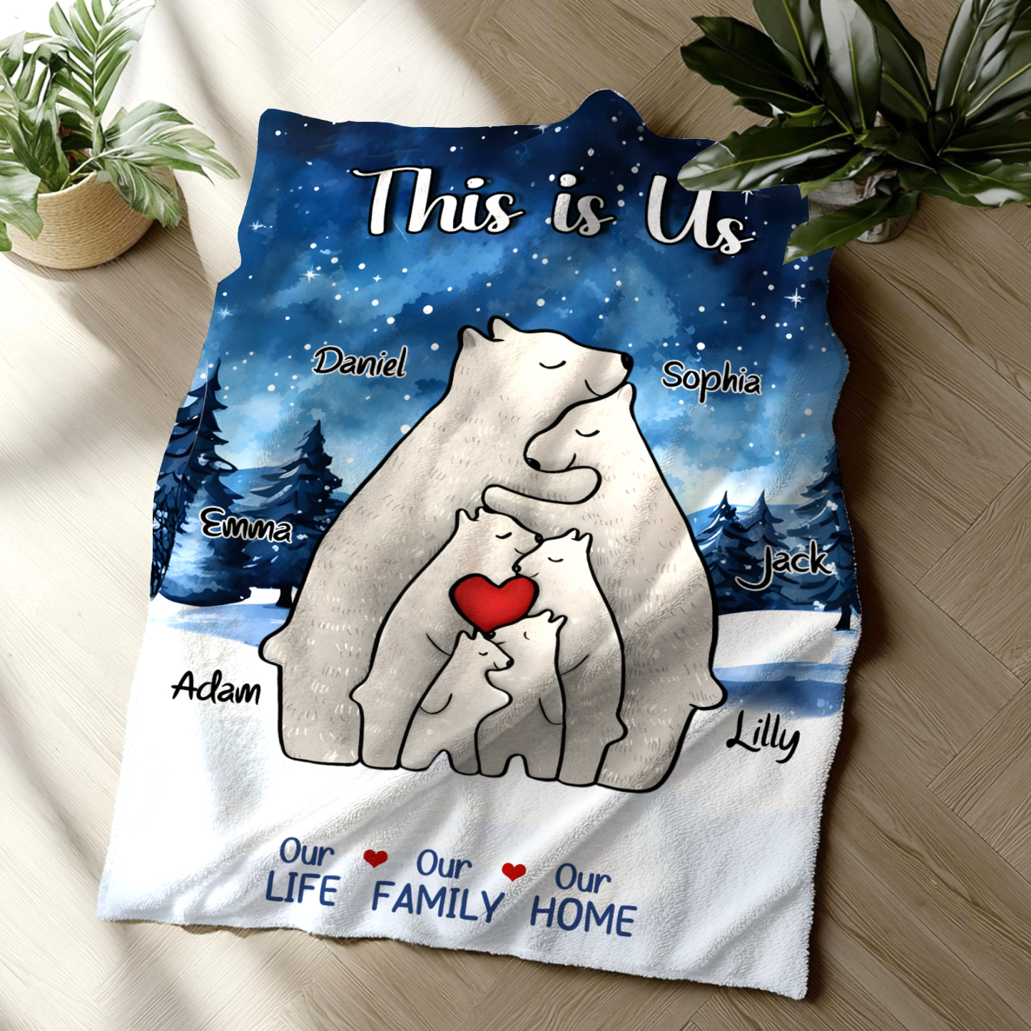 Personalized Polar Bear Family Flannel Blanket Custom 6 Names Gift For Mom Dad & Kids