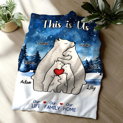 Personalized Polar Bear Family Flannel Blanket Custom 6 Names Gift For Mom Dad & Kids