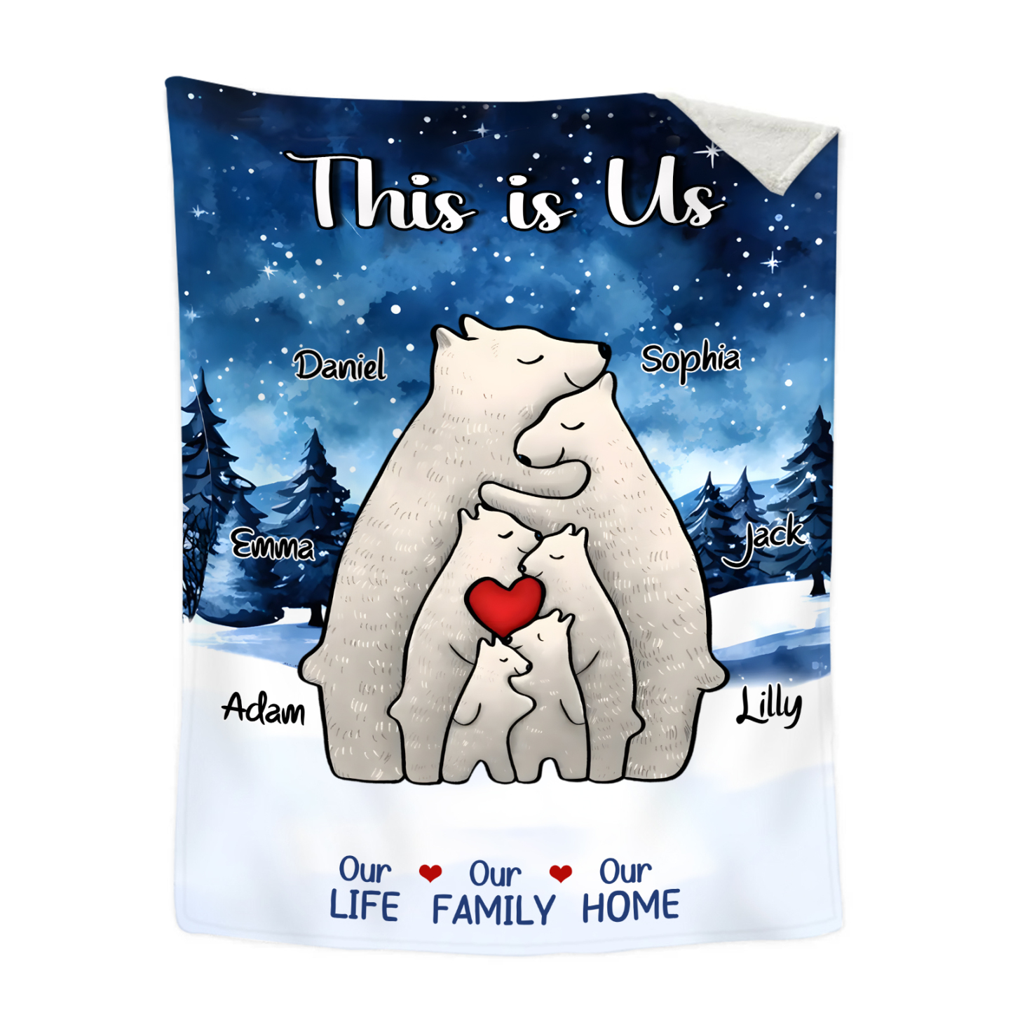 Personalized Polar Bear Family Flannel Blanket Custom 6 Names Gift For Mom Dad & Kids