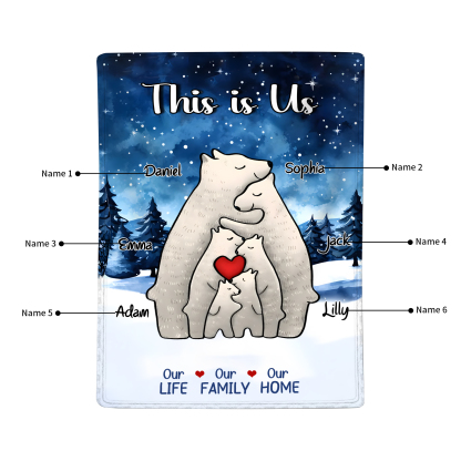 Personalized Polar Bear Family Flannel Blanket Custom 6 Names Gift For Mom Dad & Kids