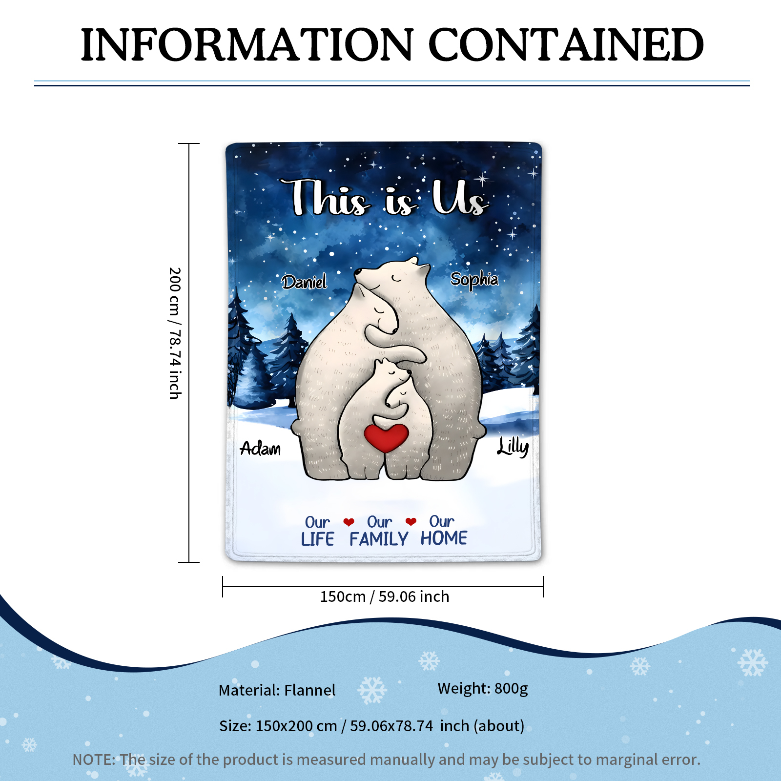 Personalized Polar Bear Family Flannel Blanket Custom 4 Names Gift For Mom Dad & Kids