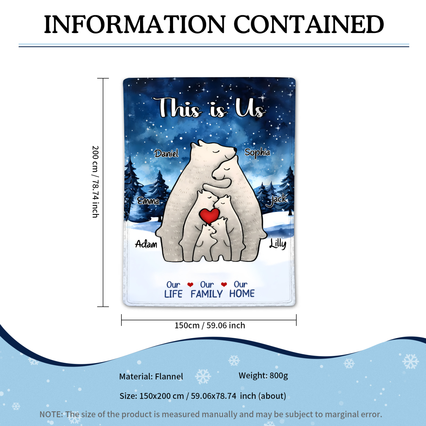 Personalized Polar Bear Family Flannel Blanket Custom 6 Names Gift For Mom Dad & Kids