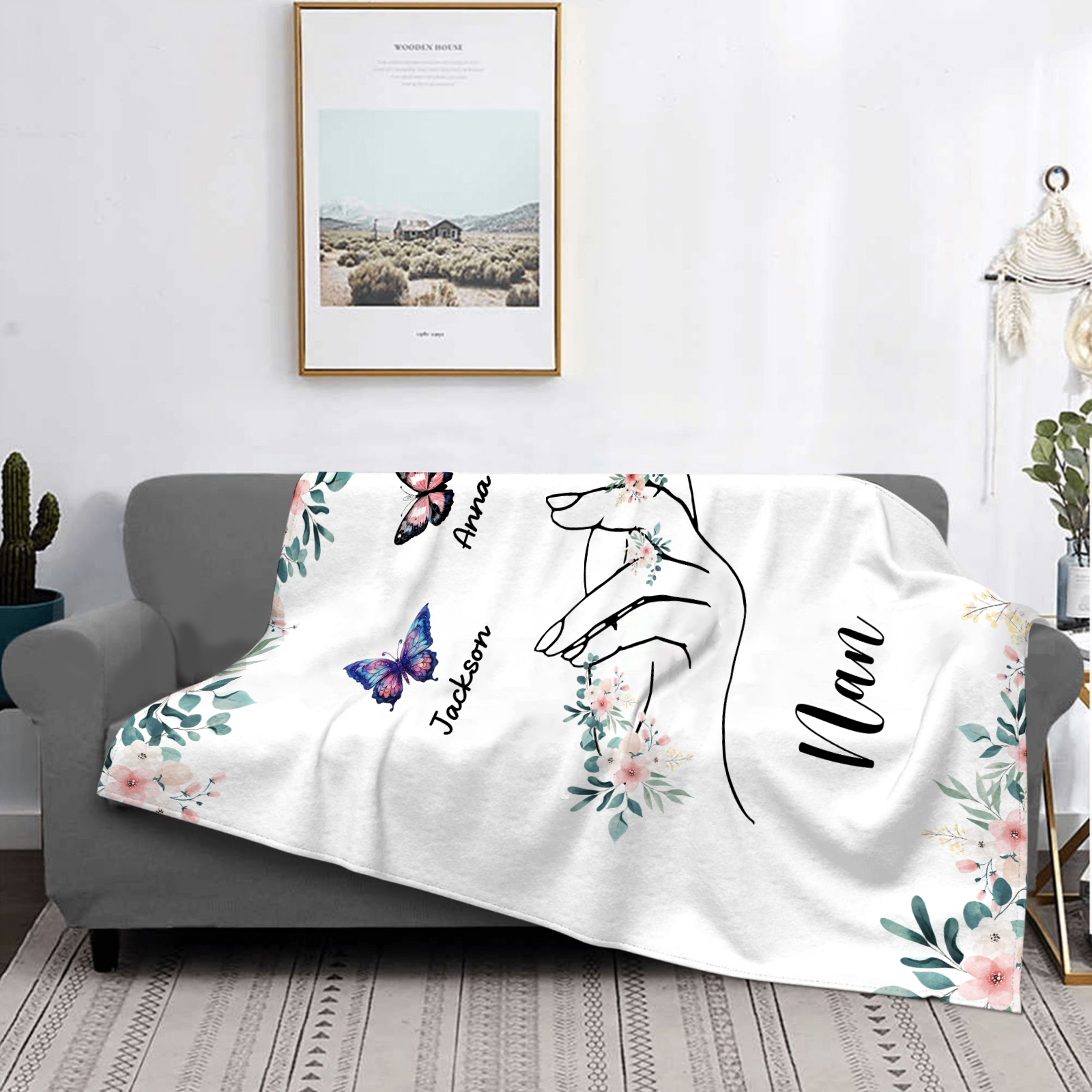 Personalized Butterfly Hand Blanket Custom with 1-8 Names Gift for Grandma Nana or Family 
