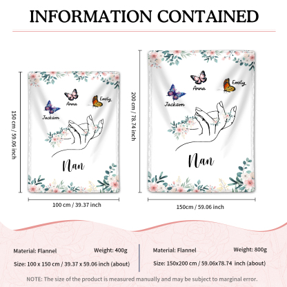 Personalized Butterfly Hand Blanket Custom with 1-8 Names Gift for Grandma Nana or Family 