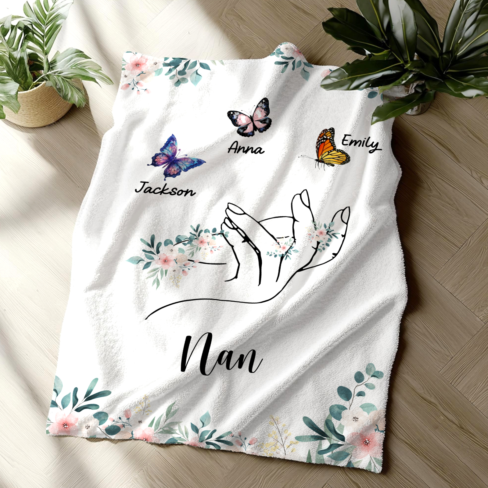 Personalized Butterfly Hand Blanket Custom with 1-8 Names Gift for Grandma Nana or Family 