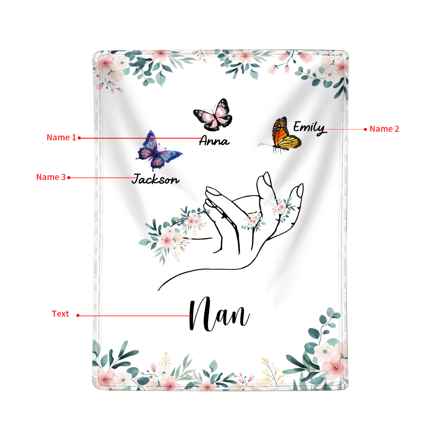 Personalized Butterfly Hand Blanket Custom with 1-8 Names Gift for Grandma Nana or Family 