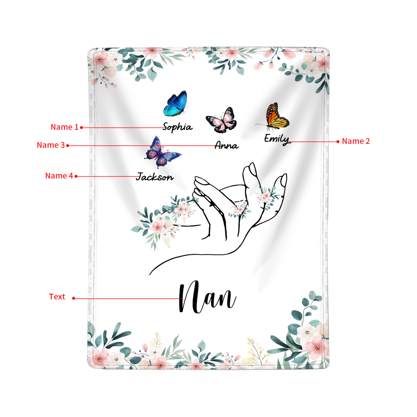 Personalized Butterfly Hand Blanket Custom with 1-8 Names Gift for Grandma Nana or Family 
