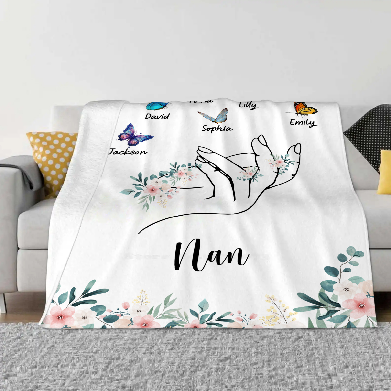 Personalized Butterfly Hand Blanket Custom with 1-8 Names Gift for Grandma Nana or Family 