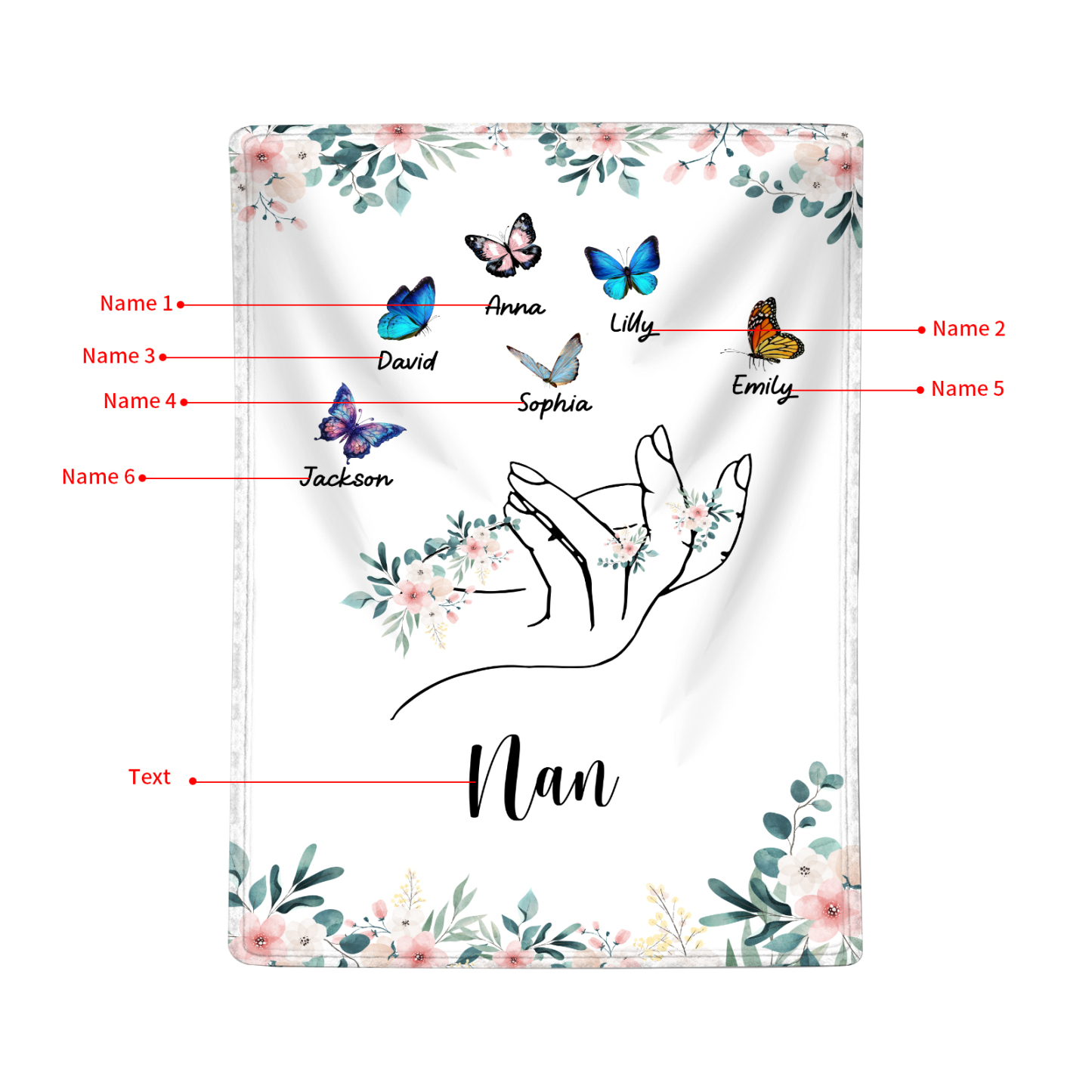 Personalized Butterfly Hand Blanket Custom with 1-8 Names Gift for Grandma Nana or Family 