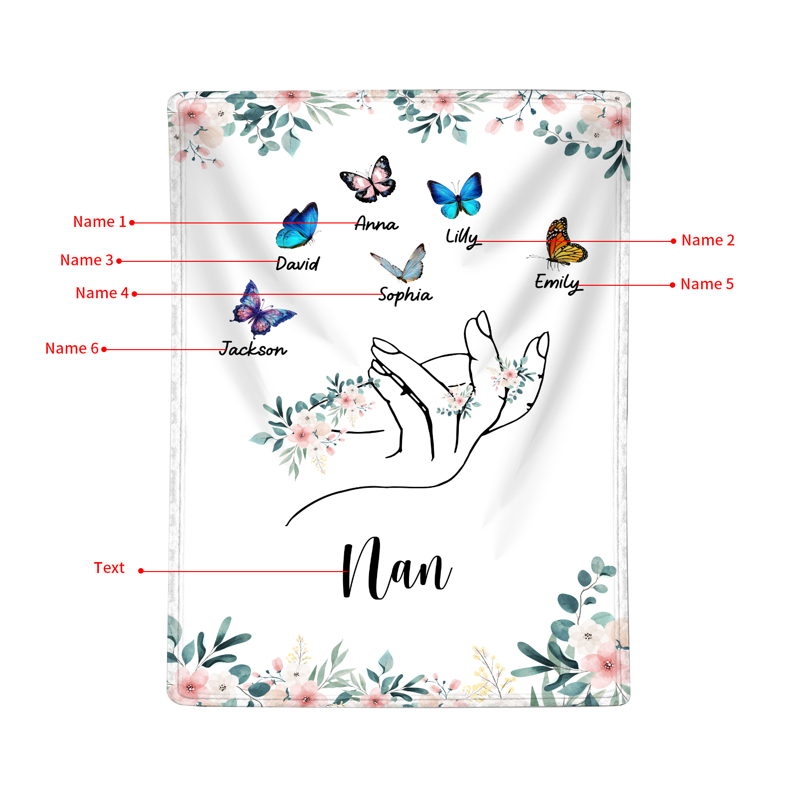 Personalized Butterfly Hand Blanket Custom with 1-8 Names Gift for Grandma Nana or Family 