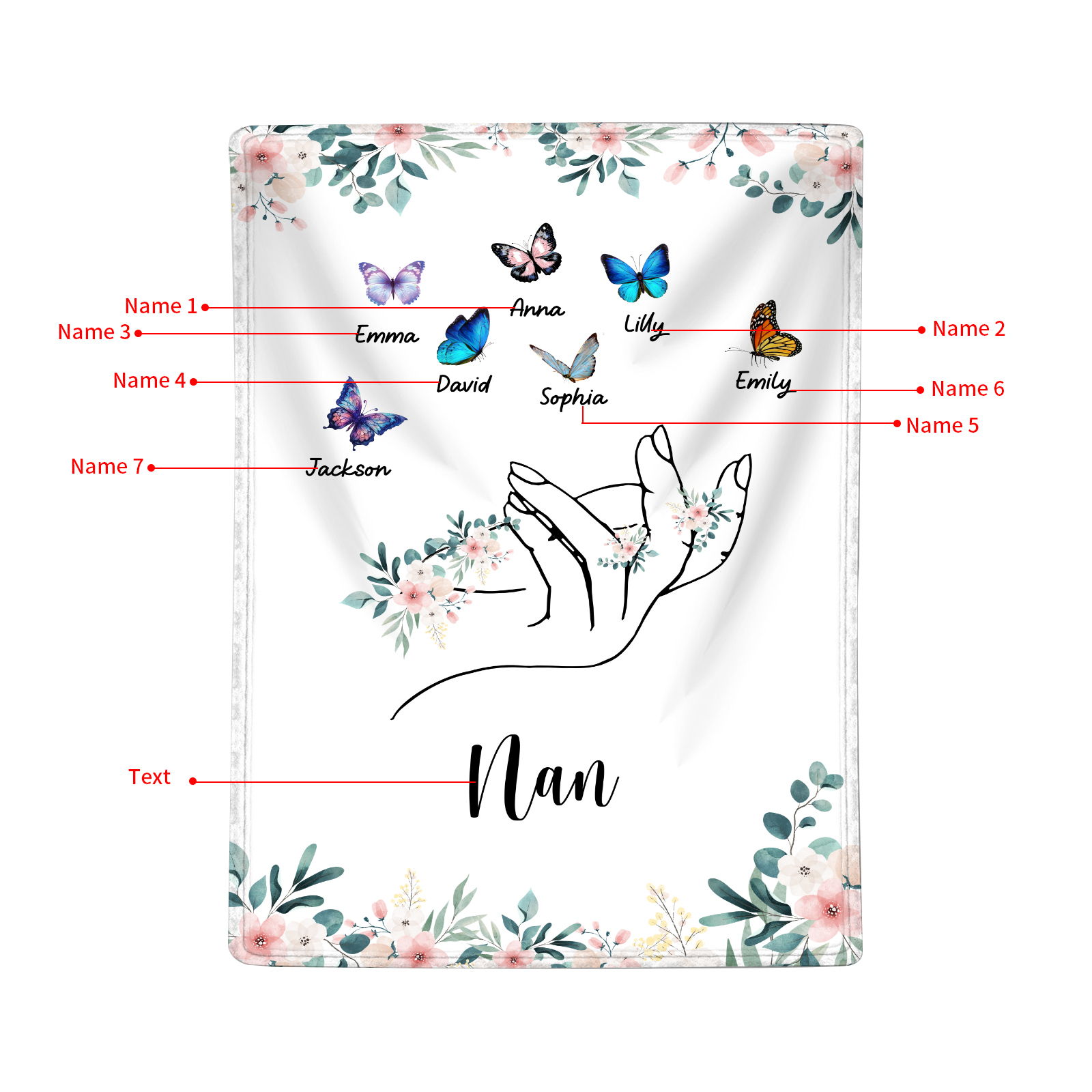 Personalized Butterfly Hand Blanket Custom with 1-8 Names Gift for Grandma Nana or Family 