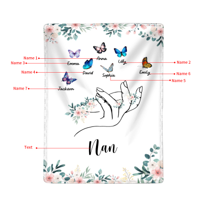 Personalized Butterfly Hand Blanket Custom with 1-8 Names Gift for Grandma Nana or Family 