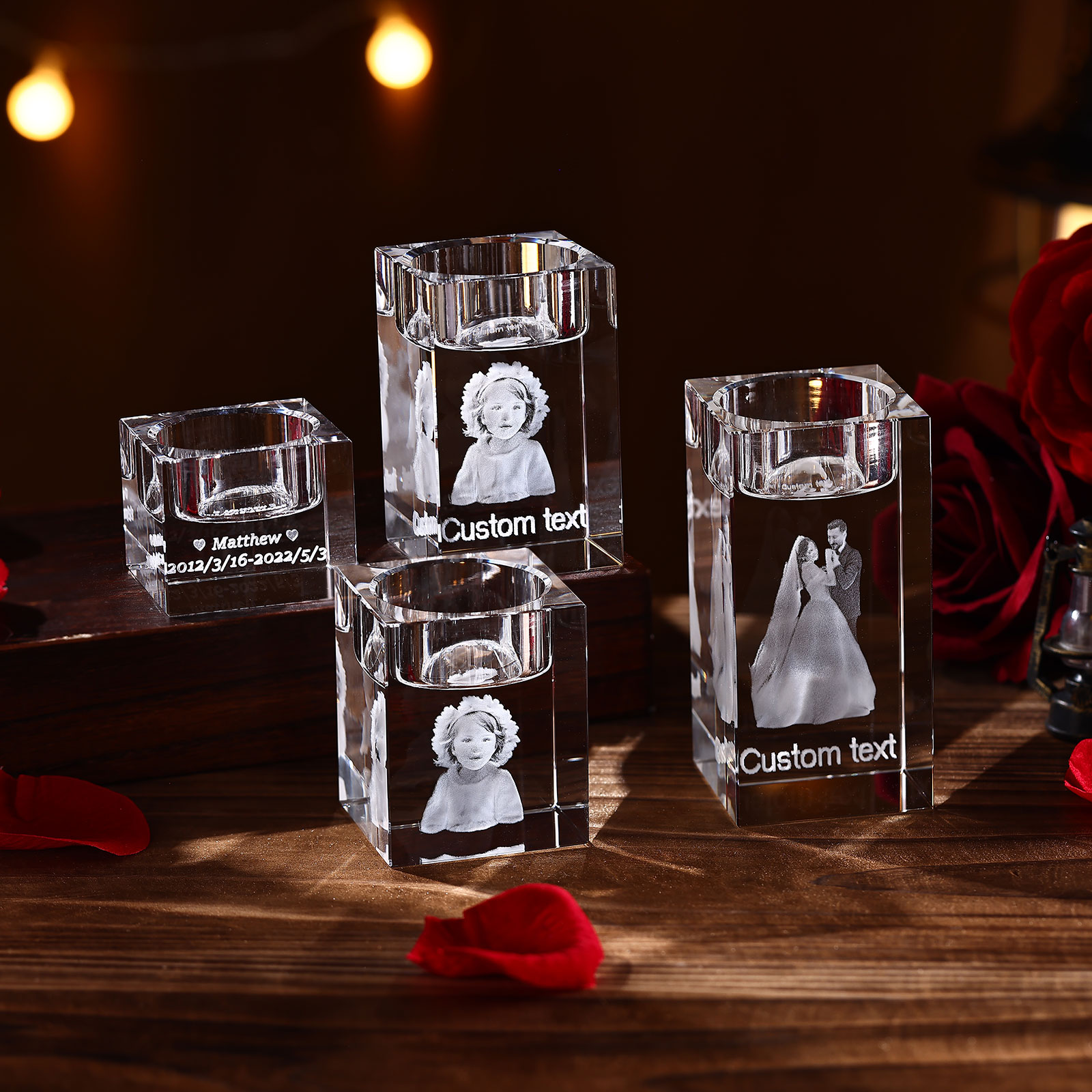 Personalized Crystal Candle Holder Engraved 3D Photo and Text Gift for Couples