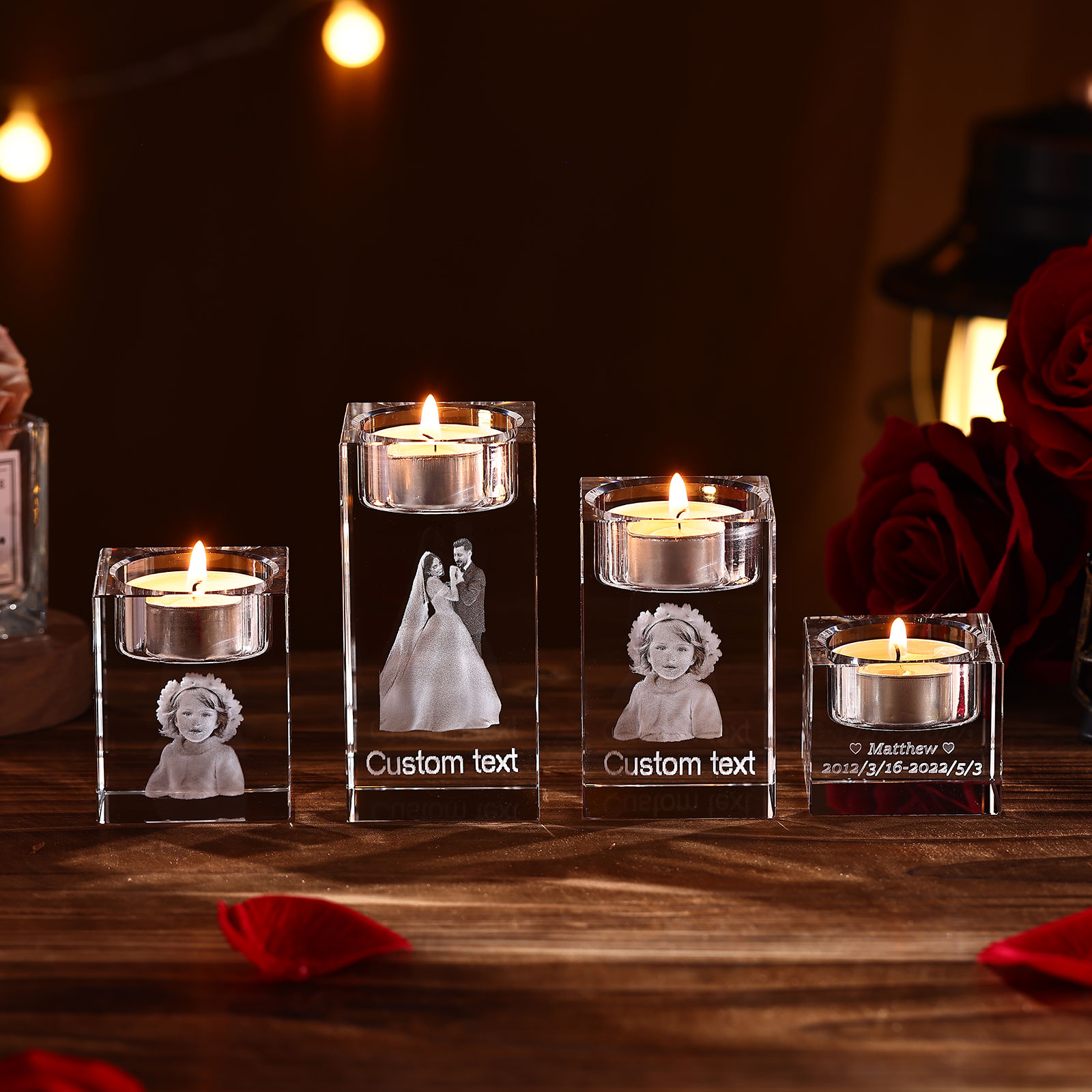 Personalized Crystal Candle Holder Engraved 3D Photo and Text Gift for Couples