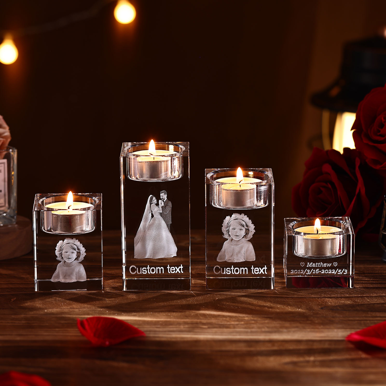 Personalized Crystal Candle Holder Engraved 3D Photo and Text Gift for Couples