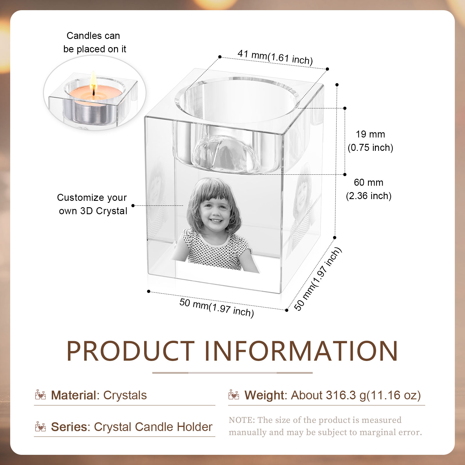Personalized Crystal Candle Holder Engraved 3D Photo Gift for Family