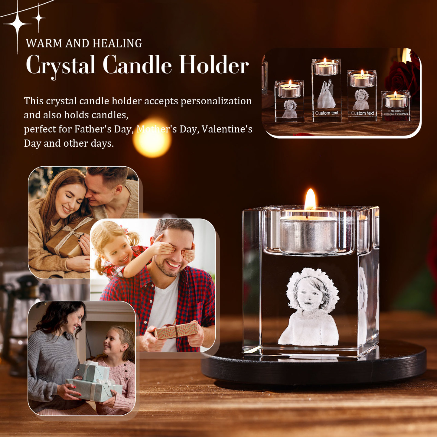 Personalized Crystal Candle Holder Engraved 3D Photo Gift for Family