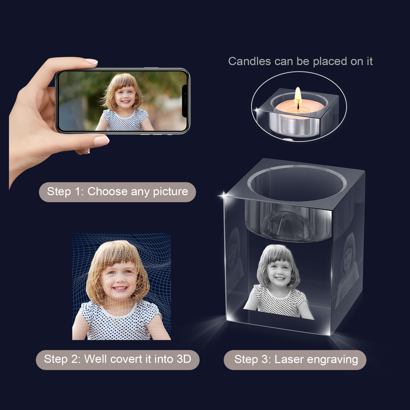 Personalized Crystal Candle Holder Engraved 3D Photo Gift for Family