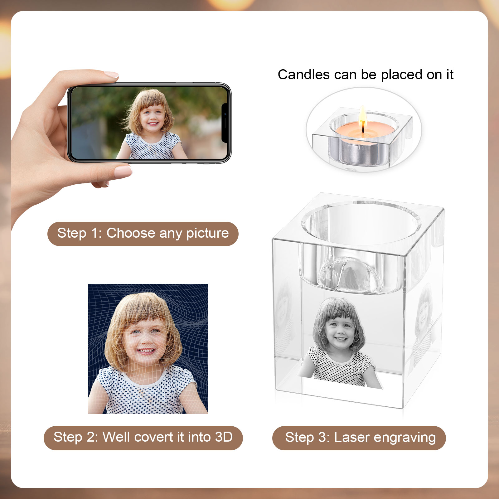Personalized Crystal Candle Holder Engraved 3D Photo Gift for Family