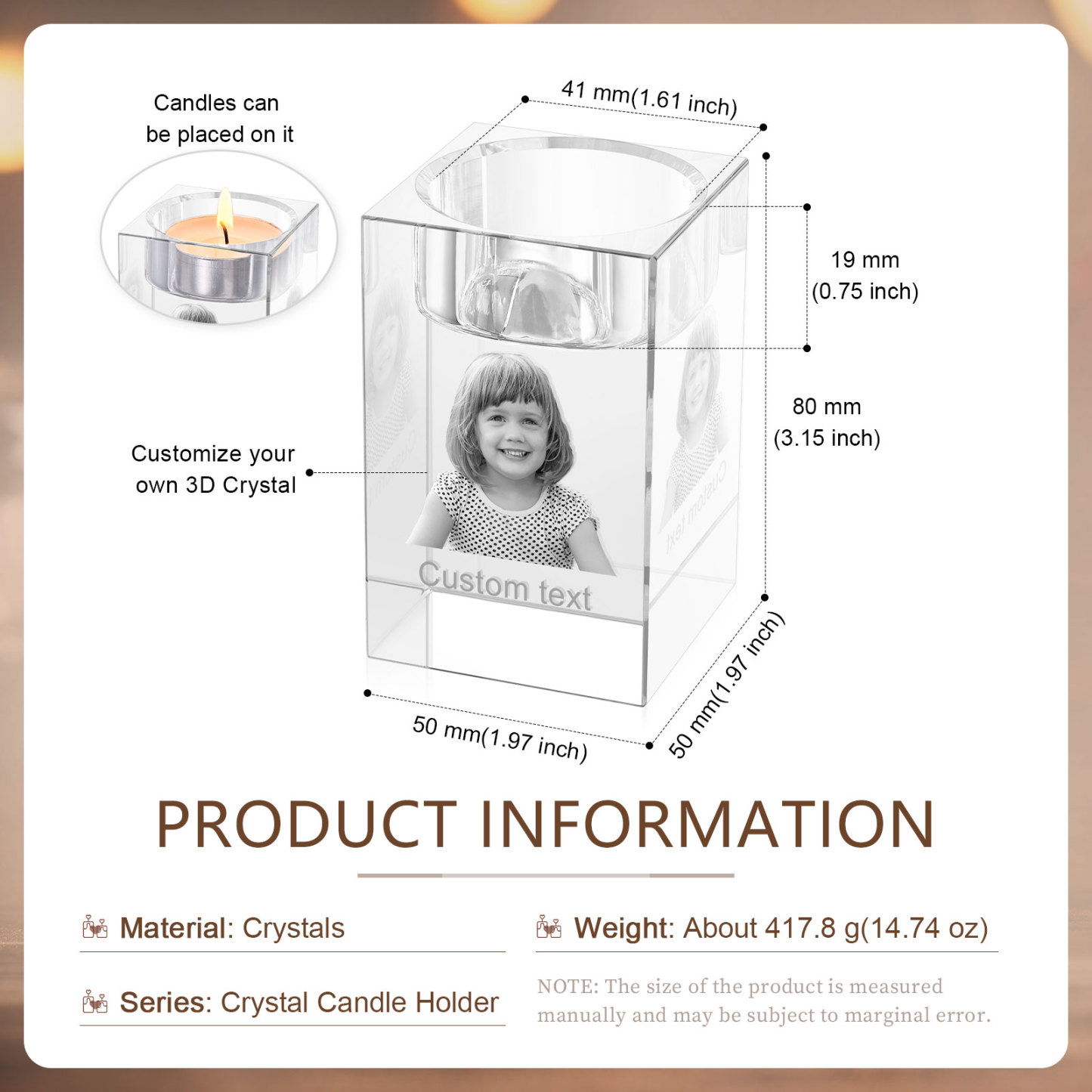 Personalized Crystal Candle Holder Engraved 3D Photo and Text Gift for Couples