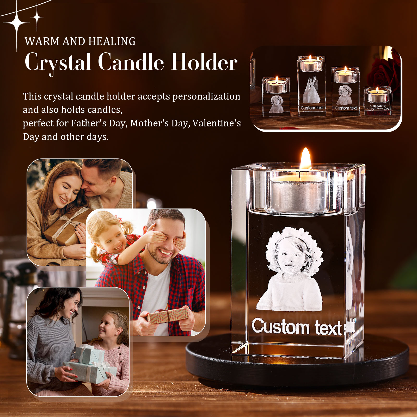 Personalized Crystal Candle Holder Engraved 3D Photo and Text Gift for Couples