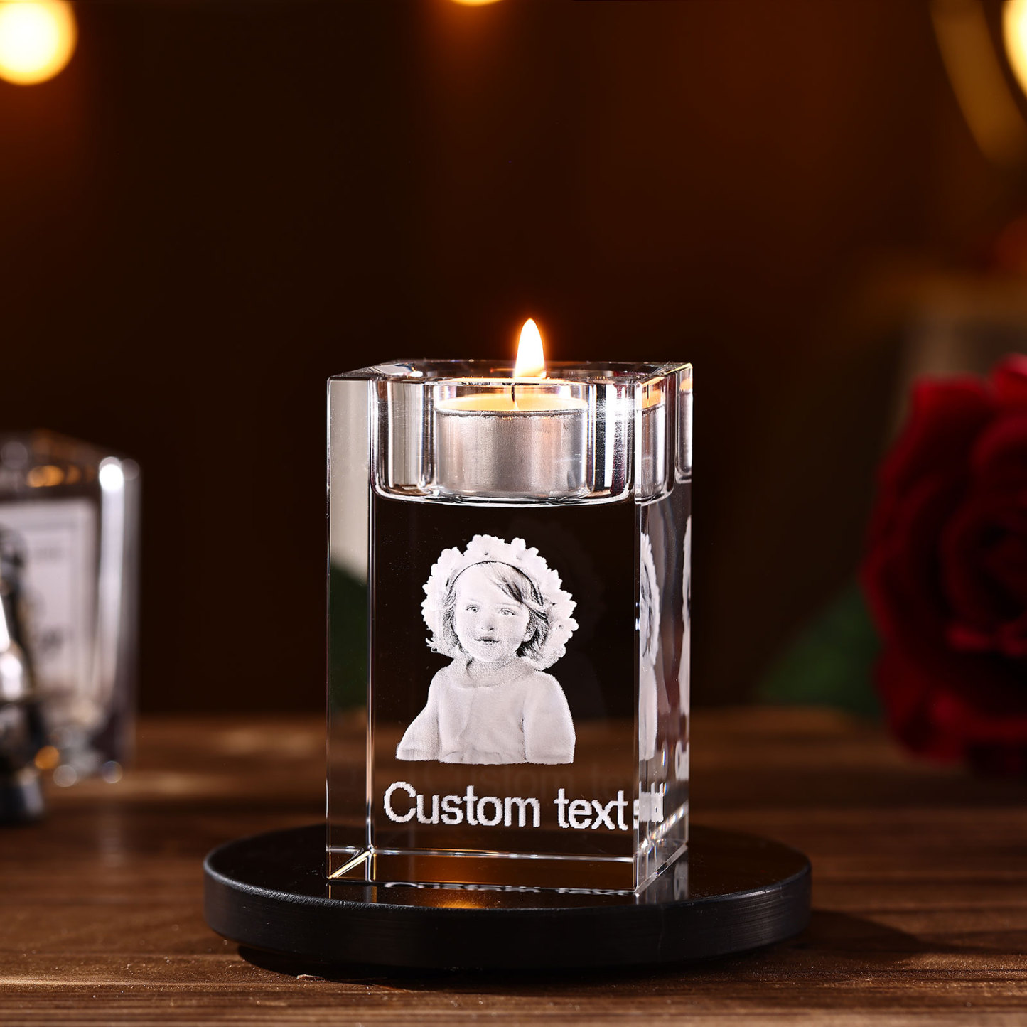Personalized Crystal Candle Holder Engraved 3D Photo and Text Gift for Couples