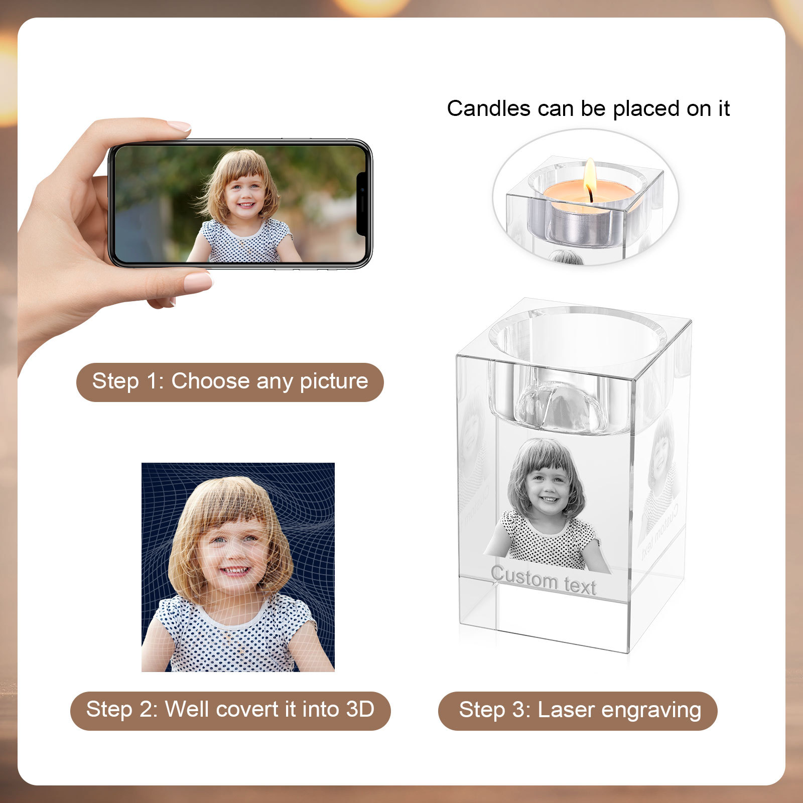 Personalized Crystal Candle Holder Engraved 3D Photo and Text Gift for Couples