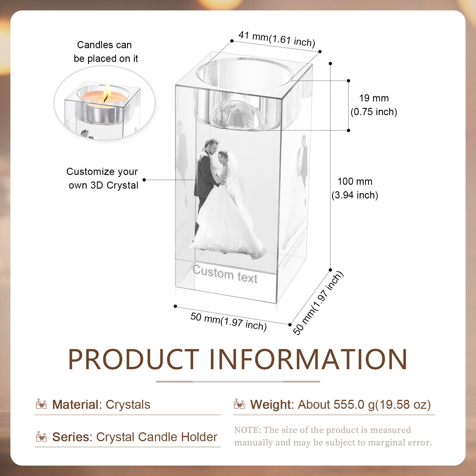 Personalized Crystal Candle Holder Engraved 3D Photo and Text Gift for Couples