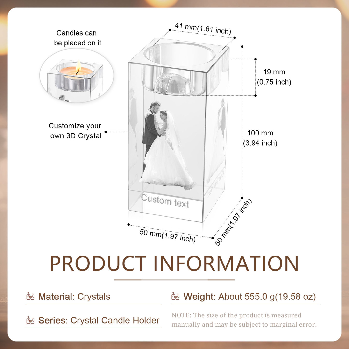 Personalized Crystal Candle Holder Engraved 3D Photo and Text Gift for Couples