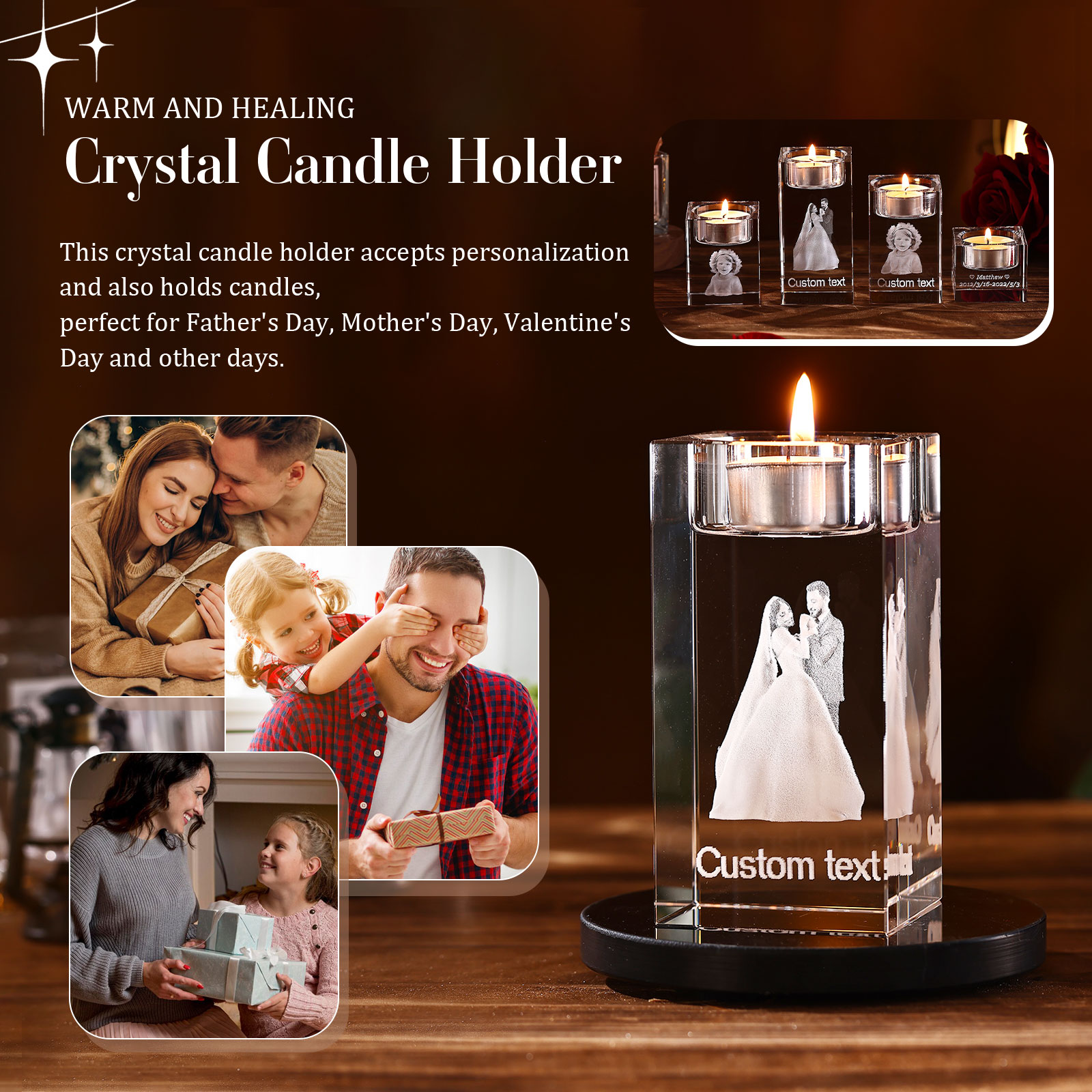 Personalized Crystal Candle Holder Engraved 3D Photo and Text Gift for Couples