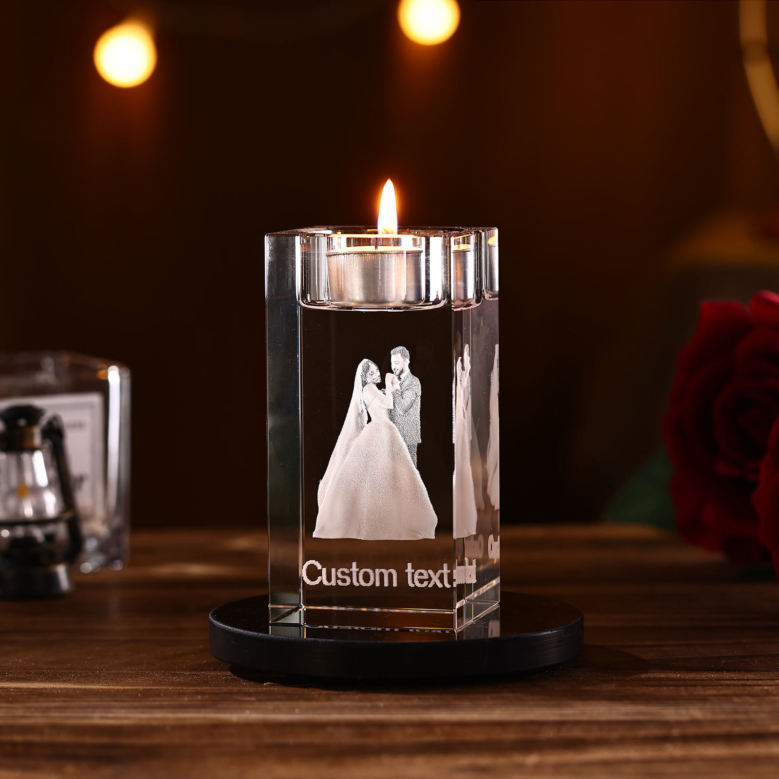 Personalized Crystal Candle Holder Engraved 3D Photo and Text Gift for Couples