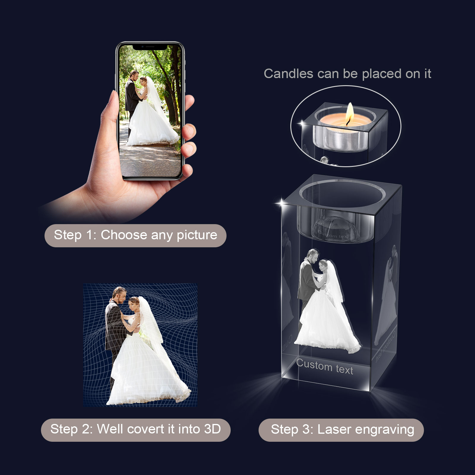Personalized Crystal Candle Holder Engraved 3D Photo and Text Gift for Couples