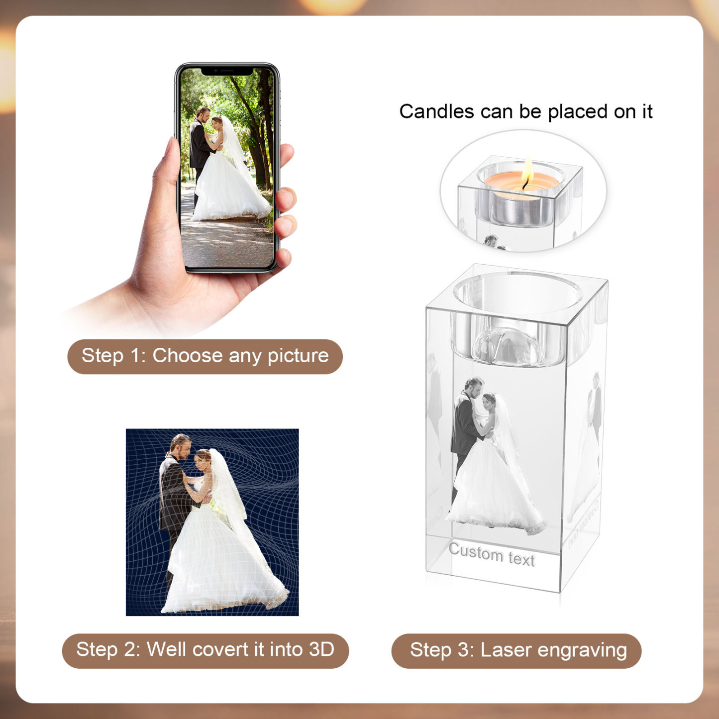 Personalized Crystal Candle Holder Engraved 3D Photo and Text Gift for Couples