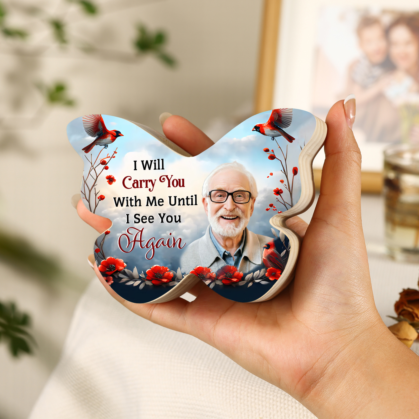 I Will Carry You With Me Until I See You Again Personalized Butterfly Memorial Candle Holder with Custom Photo