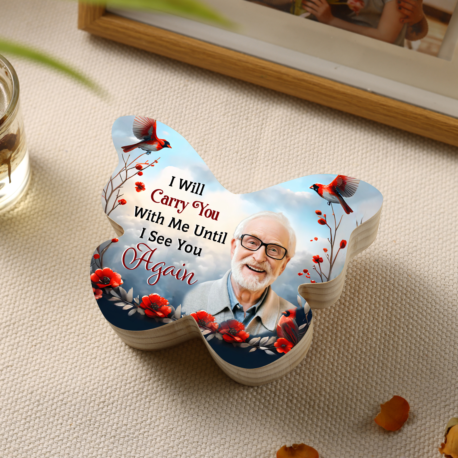 I Will Carry You With Me Until I See You Again Personalized Butterfly Memorial Candle Holder with Custom Photo